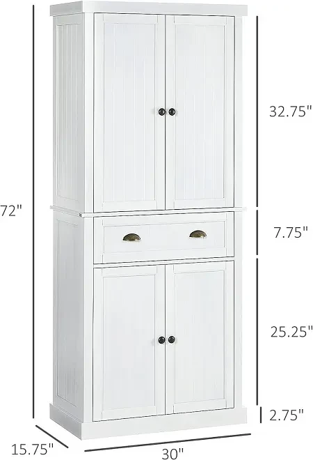 HOMCOM 3-Shelf White 72 in. H Pinewood Large Kitchen Pantry