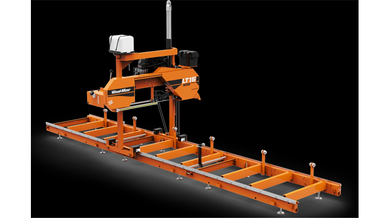 Orange Wood-Mizer LT15 WIDE Portable Sawmill on a black background