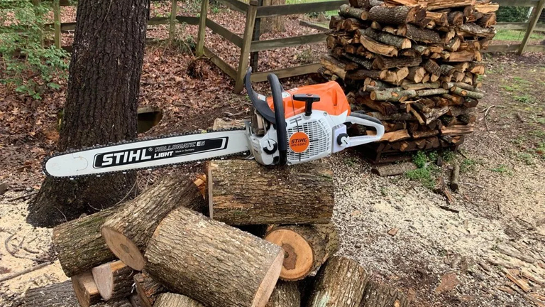 STIHL MS 462 Chainsaw sitting on the logs 