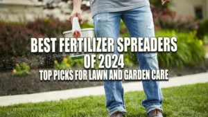 A person in jeans and sneakers is walking on a grassy lawn while spreading fertilizer or seeds from a handheld spreader, with a vibrant garden and a house in the background.