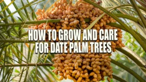 A close-up image of a date palm tree with multiple clusters of ripe, orange-yellow dates hanging from the tree among green palm fronds. The background shows additional palm fronds and a bright, outdoor setting.