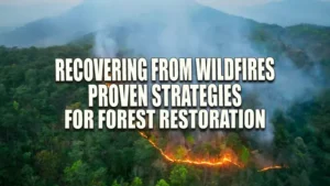 Aerial view of a forest with a line of fire spreading through the trees, producing smoke as it moves along the hillside.