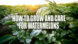 A single watermelon lies in a field, bathed in the warm glow of a setting sun, surrounded by lush green leaves, highlighting a serene moment in a watermelon patch.