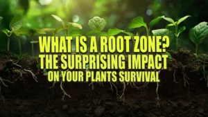 Cross-section view of soil showing various young plants with their roots spreading into the earth, highlighted by beams of sunlight filtering through green foliage above.