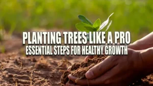 Hands planting a young sapling in soil, symbolizing growth and care for the environment, with a green field in the background.