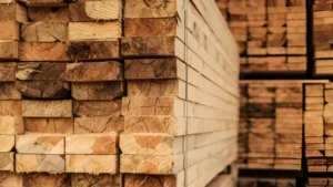 Piles of wood planks in timber yard