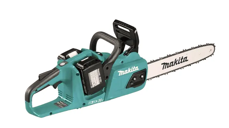 Makita XCU03PT1 chainsaw with green body on white background