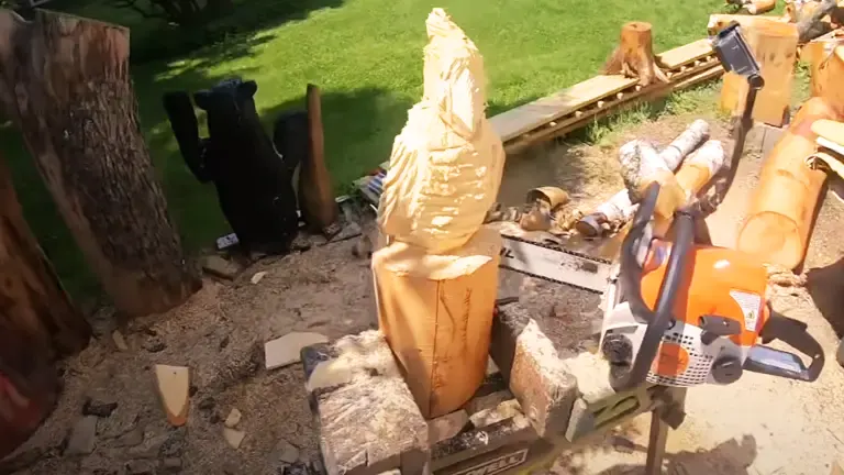 In-progress wood carving of a bird with tools and shavings around
