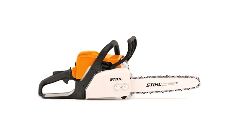 STIHL MS 170 chainsaw with orange and white body on white background