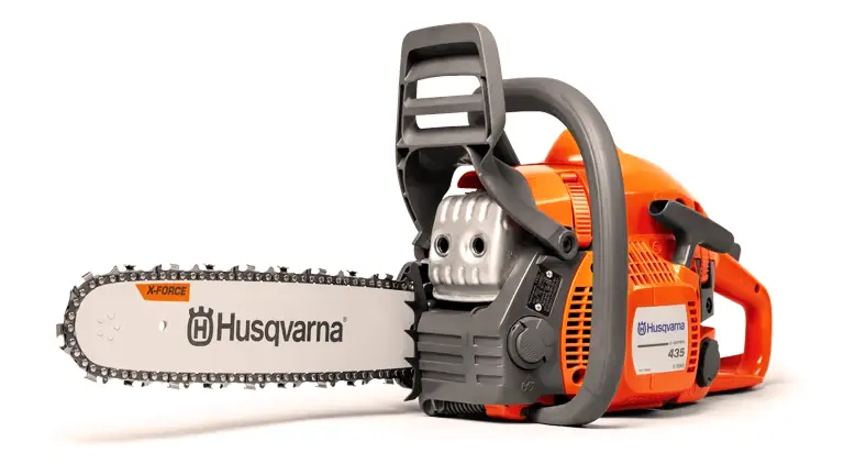 Husqvarna 435e II chainsaw on white background