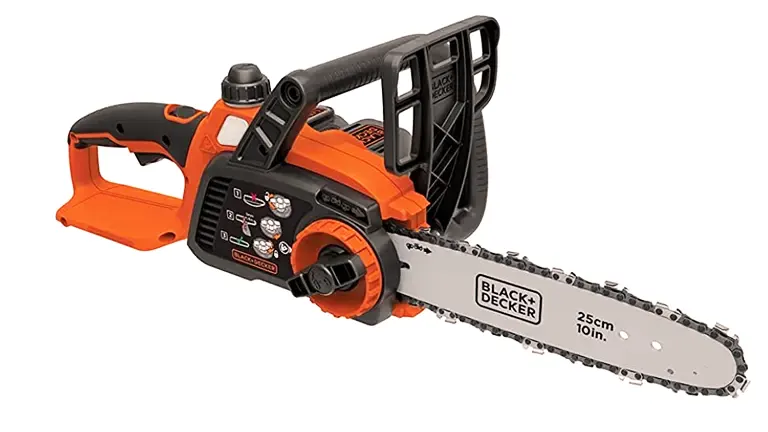 BLACK+DECKER LCS1020 chainsaw with orange and black body