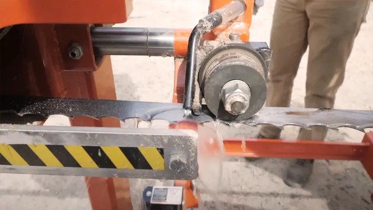  Wood-Mizer LT15 sawmill in operation. The sawmill, painted in vibrant orange with a black and yellow striped safety guard, is cutting through a log. The log is securely held in place by a clamp. In the background, a person is visible, adding to the context of the sawmill’s practical use. The image succinctly captures the essence of the sawmill’s functionality and purpose