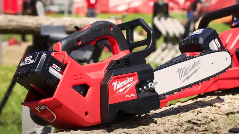 Milwaukee cordless chainsaw resting on a log in an outdoor setting