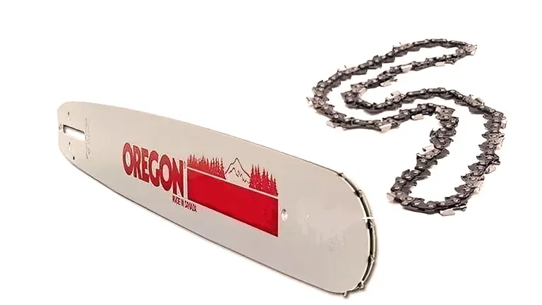 Oregon chainsaw bar and a detached chain, both laid out on a white background