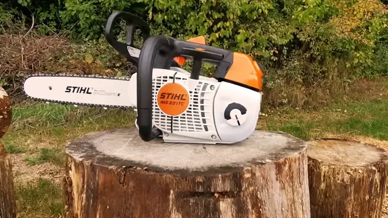 Stihl MS 201 TC-M chainsaw on a tree stump