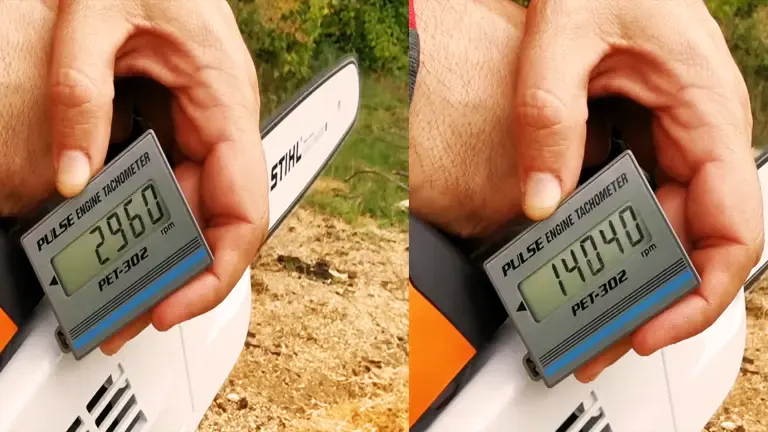Person measuring the RPM of a Stihl MS 201 TC-M chainsaw with a digital tachometer