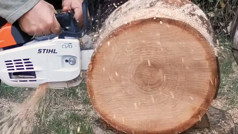 Person using a Stihl MS 201 TC-M chainsaw to cut a large log