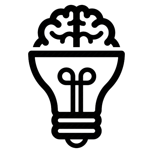 Black and white icon of a lightbulb with a brain inside it