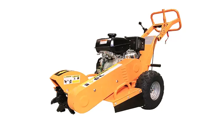 PowerKing Stump Grinder PK0803 with a powerful engine, large rugged wheels, and sharp grinding teeth for efficient stump remova