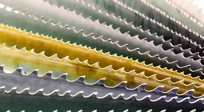The blades, made of metal, have sharp teeth and are stacked on top of each other. Their colors include silver, yellow, and green. The background is blurred and out of focus.