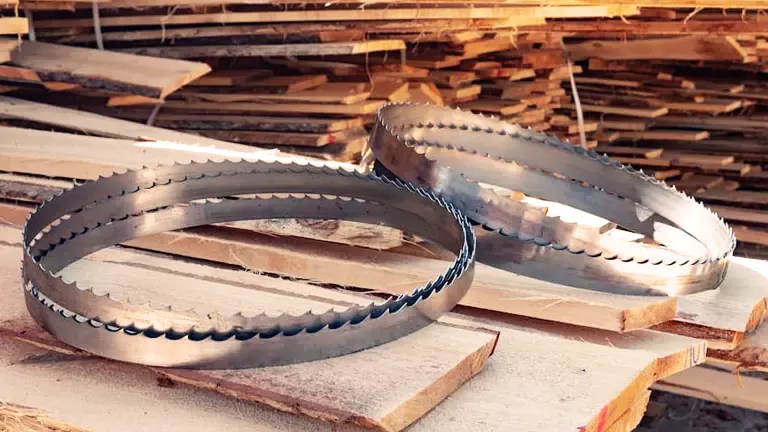 Two sawmill blades on wooden planks with a pile of cut wood in the background