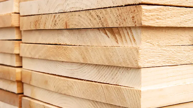 Close-up of stacked pine lumber showing detailed wood grain.