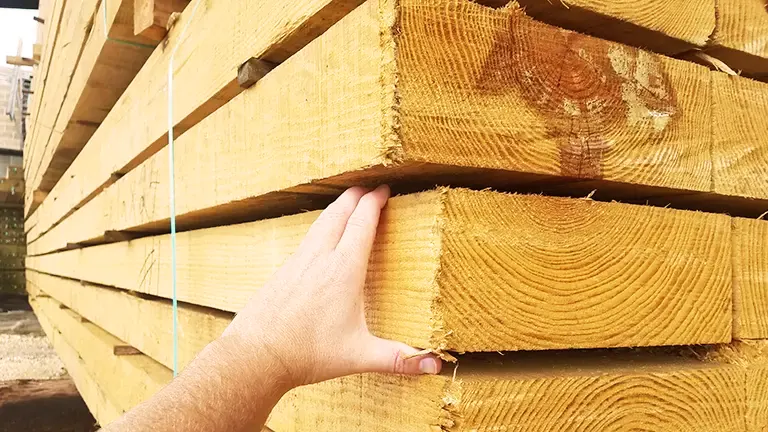 Hand selecting a rough-cut timber plank from a pile.