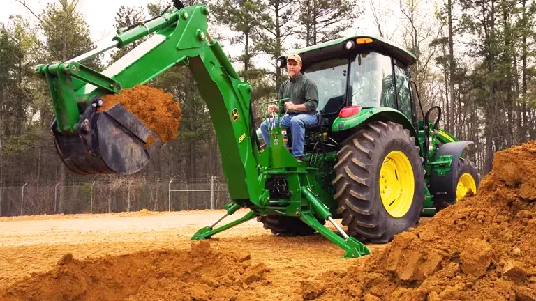 John Deere tractor moving dirt with a front loader, operated by a man in a field.