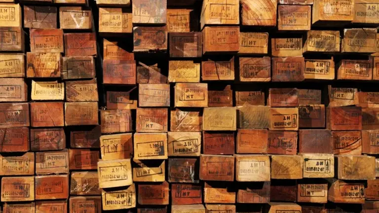 Wall of stacked timber, each piece marked with identification and treatment details.
