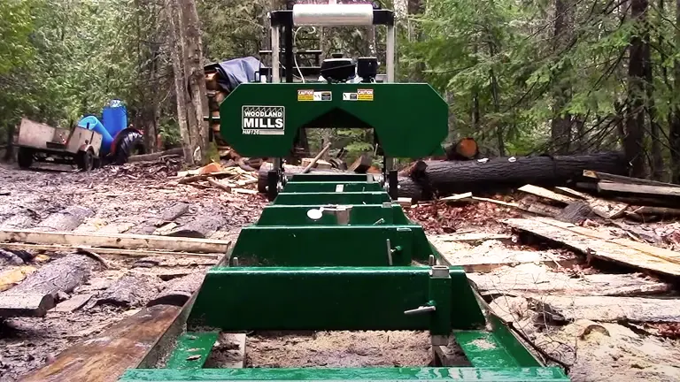 Green Woodland Mills HM126 Portable Sawmill in forest with cut wood around.