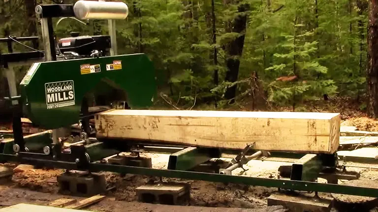 Woodland Mills HM126 Portable Sawmill cutting lumber in a forest.