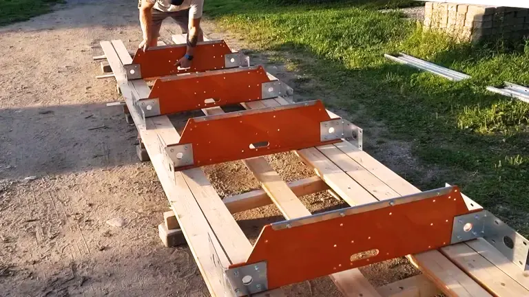 A man assembling a Norwood LumberPro HD36V2 sawmill with orange metal parts on a wooden base.
