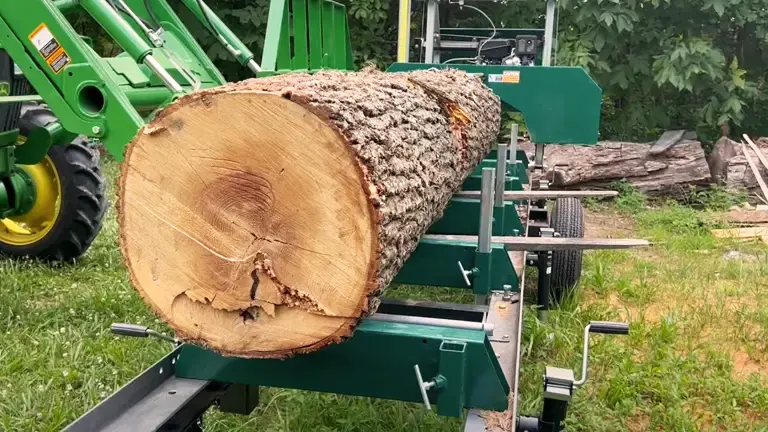 Large log on Woodland Mills Woodlander Sawmill, with green tractor and log pile in the background.