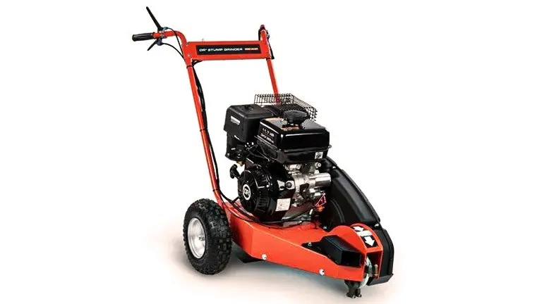 DR Power PRO XL Self-Propelled Stump Grinder with a sturdy frame, ergonomic handlebar, large rugged wheels, and a powerful engine, displayed against a white background