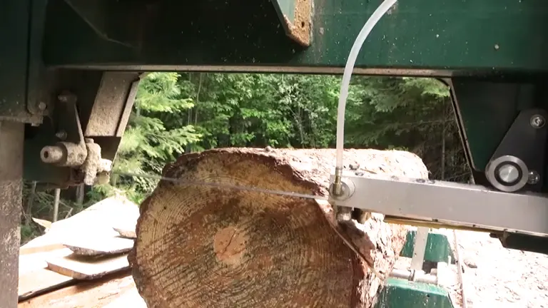Close-up of Woodland Mills HM126 Sawmill cutting a log, with stacked lumber and trees in the background.