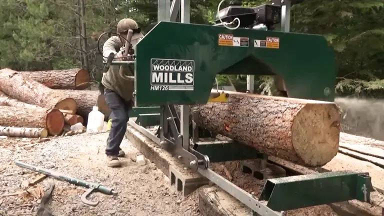 Operator in safety gear using Woodland Mills HM126 Sawmill outdoors.