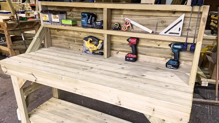 A wooden workbench with various tools, including power drills, a saw, and measuring equipment, in a workshop setting.