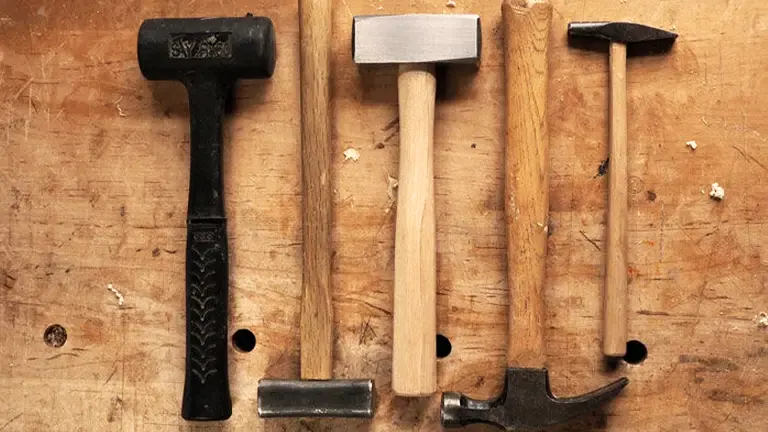 Various hammers and mallets of different sizes and shapes on a wooden surface with wood shavings.