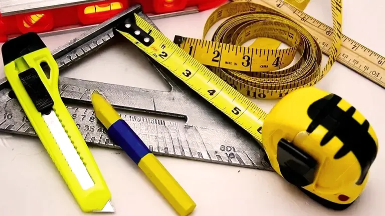 Measuring and marking tools including a level, tape measure, ruler, pencil, and utility knife on a white surface.