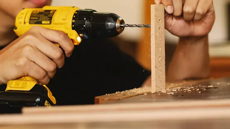 Close-up of a yellow power drill in use on a wooden plank, secured to a workbench.