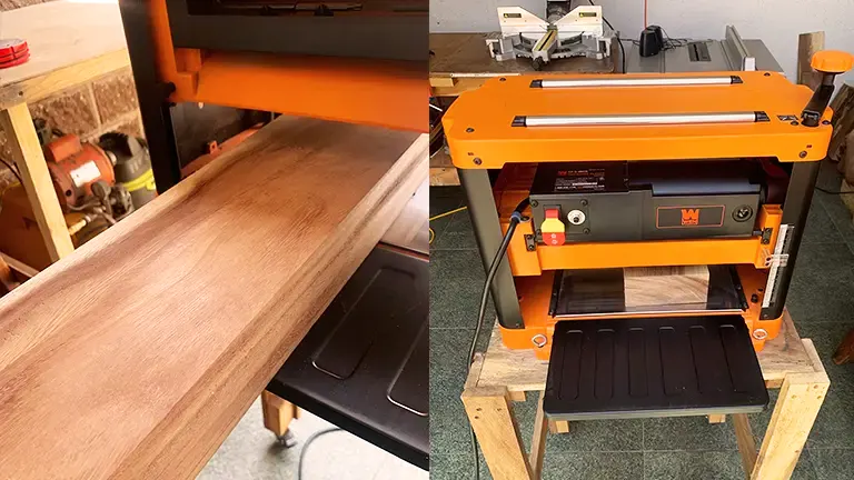WEN 6552T Benchtop Planer in use on a wooden board in a workshop