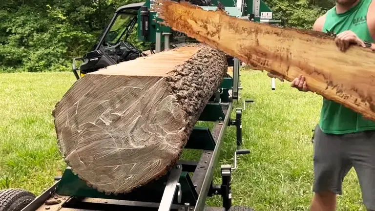 Person handling freshly cut wooden plank on Woodland Mills sawmill.
