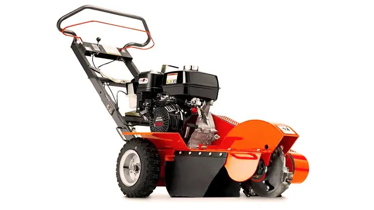 Husqvarna SG13 Stump Grinder with a large grinding wheel, sizable wheels for movement, and a well-defined handlebar system for operation