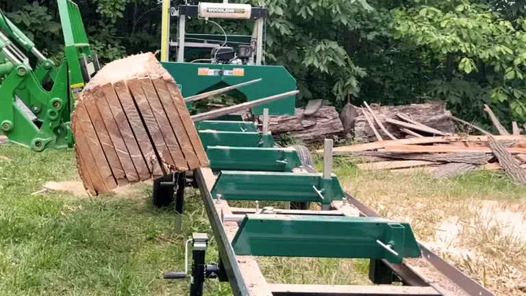 Woodland Mills Woodlander sawmill with a large log, surrounded by greenery and wood piles.