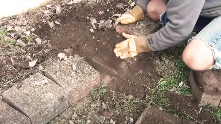 Two people gardening, leveling soil in a patch next to stone blocks.