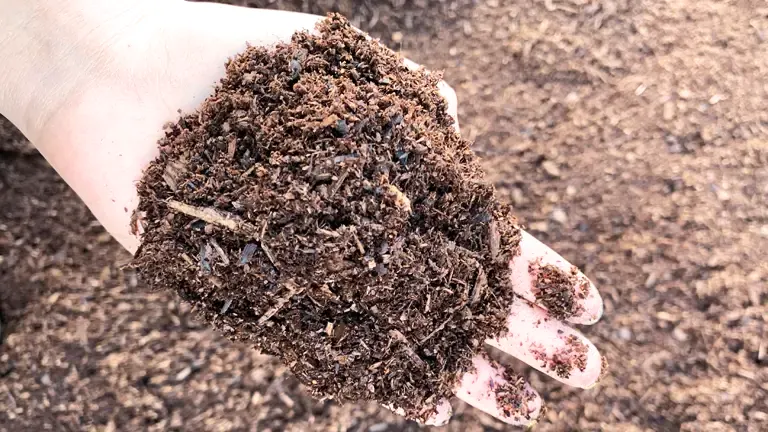 Hand holding a scoop of rich, dark compost soil.