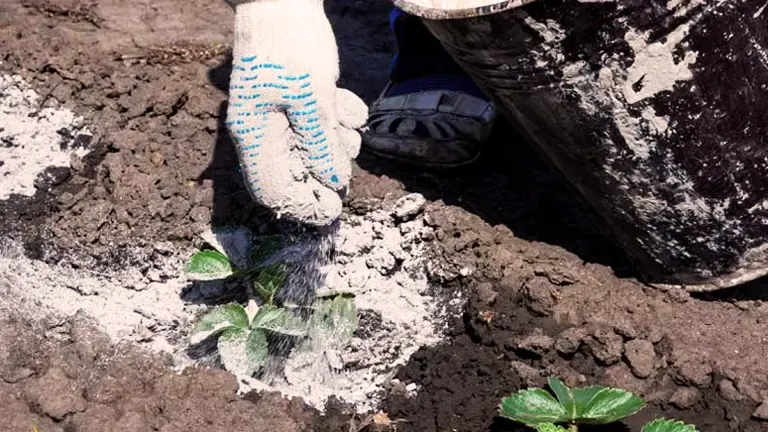 Gloved hand planting a green seedling in freshly tilled soil with wood stove ash fertilizer.