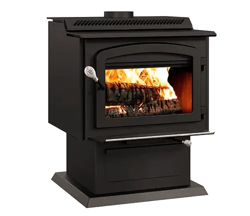 Drolet HT3000 wood stove with visible fire