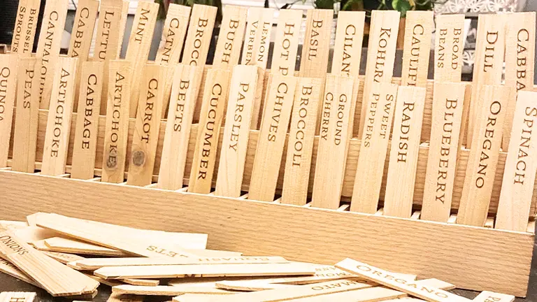 Wooden plant markers with names of herbs and vegetables printed on them.
