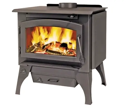 Compact, grey Napoleon Timberwolf 2100 Stove with visible fire